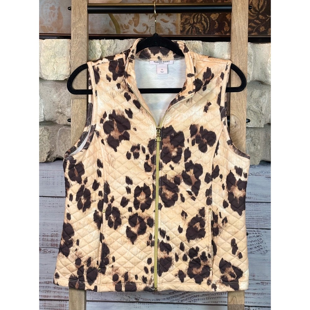 Allison Daley Petite Small Leopard Animal Print Quilted Full Zip Vest Tan Brown